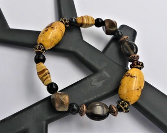 Ceramic beads bracelet, glass, copper wire, copper brass, hematite, black onyx, women's gift