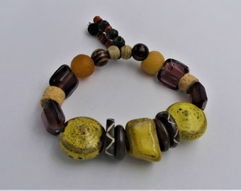 Bead bracelet, rustic bracelet, ceramic, bone, wood, glass