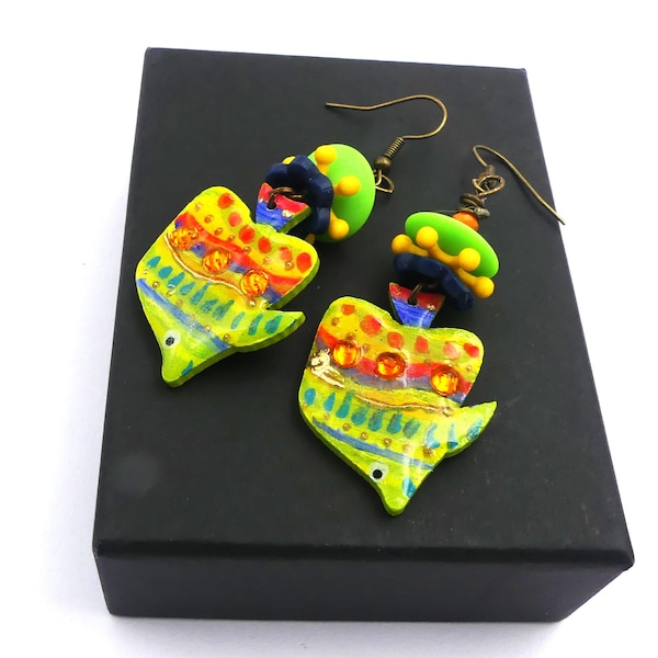 Bohemian earrings, colorful earrings, painted wood, acrylic, glass, cold porcelain, women's gift