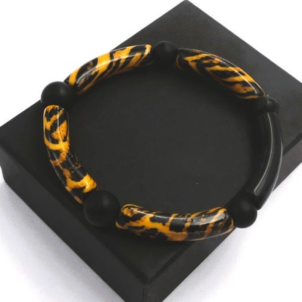 Bracelet ethnique, bracelet élastique, bracelet jungle, bracelet nature, tubes acrylique, perles rondes en onyx noir, cadeau femme