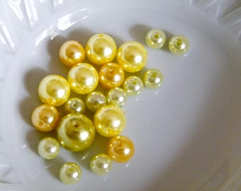 Perles matière synthétique, mélange taille et couleur, nacrées, jaune vert, orangée,