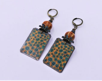 Boho earring, metal rectangle with print, bronze patinated brass, ceramic beads, women's gift