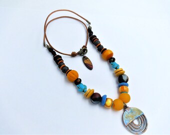 Leather cord long necklace necklace, ceramic beads, recycled glass beads, howlite, wood, handmade, unique creation, women's gift