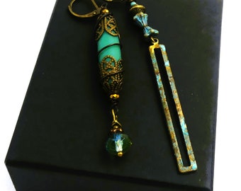Dissociated earrings, rustic earrings, bohemian earrings, patinated brass, glass, bronze metal, women's gift