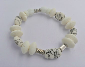 Pearl bracelet, white coral round beads, silver brass, artisanal porcelain