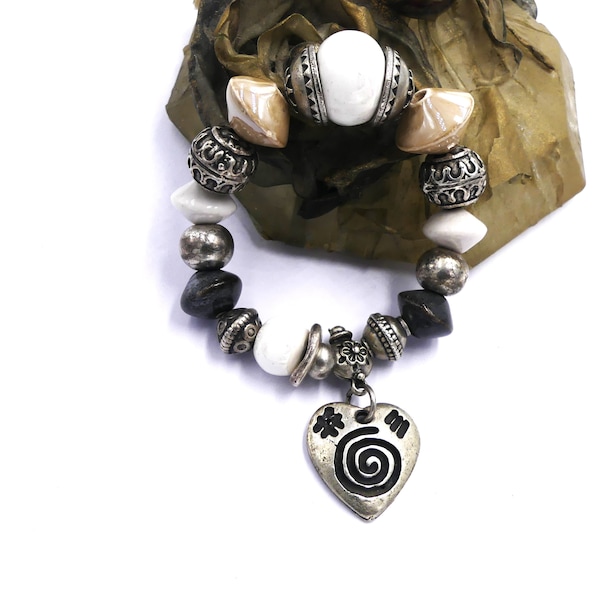 Bracelet élastique perles céramique laiton vieilli