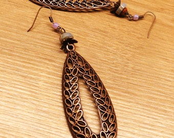 Boucles d'oreilles rustiques, rondelles pierre, pendants laiton cuivré