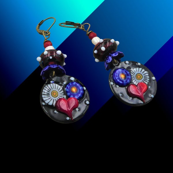 Boucles d'oreilles cuivre émaillé, verre, fermoirs dormeuses, fait main, cadeau femme, bijou femme