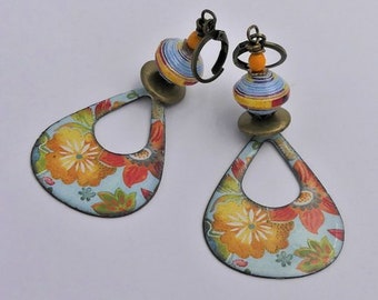 Boucles d'oreilles printanières, boucles d'oreilles estivales, cuivre émaillé papier et verre, cadeau femme