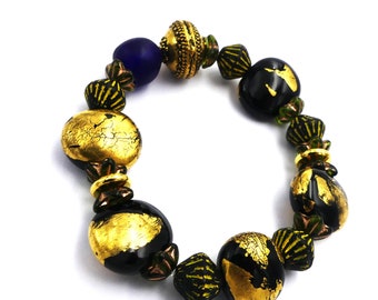 Spun glass beaded bracelet, Murano glass, golden brass