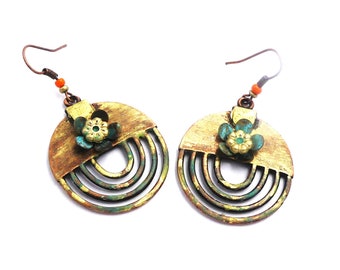 Rustic patinated brass earrings, glass beads