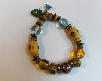 Glass bracelet, coconut, African brass, vintage Venetian beads, 1900