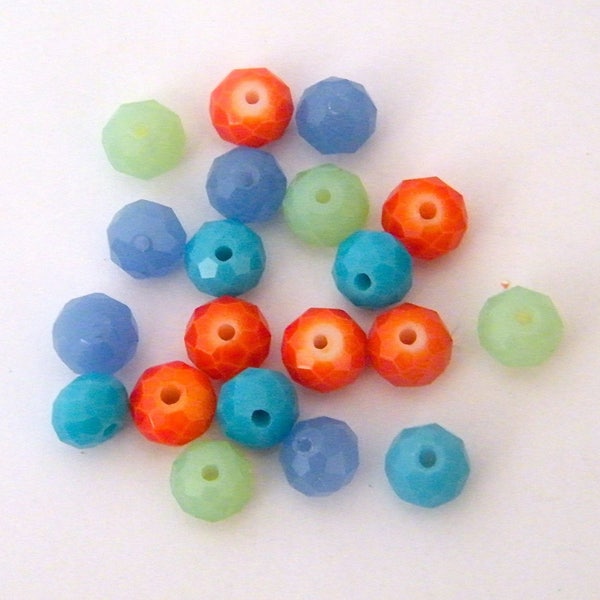 LOTS PETIT PRIX - 15 perles verre en mélange, forme soucoupes à facettes, bleu, vert, turquoise, orange, 8x6 mm