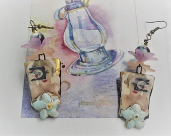 Boho chic earrings, handmade ceramics, lucite