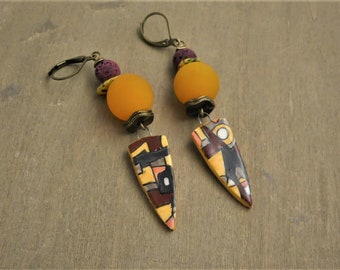 Ceramic, glass, lava stone and brass earrings