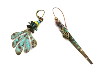 Dissociated earrings, boho chic earrings, patinated brass, glass beads, women's gift