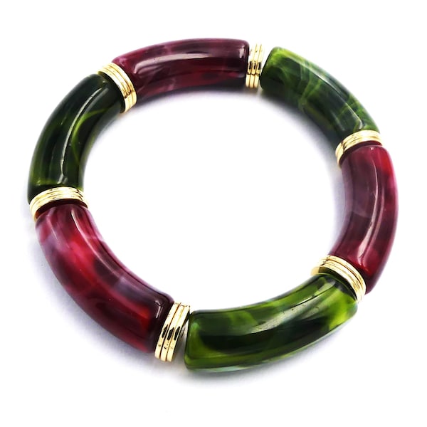 Bracelet élastique, bracelet coloré, bracelet printanier, perles tube incurvées acrylique, rondelles métal doré, cadeau femme