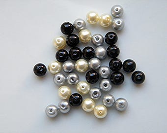 Mélange de 40 perles en verre nacré 6 mm gris, argent, noir