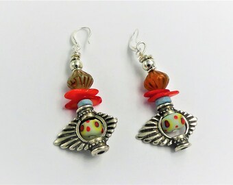 Earrings, lampwork beads, Indonesia, Czech glass, Greek ceramics, zamak, mother-of-pearl chips, handmade, 925 silver clasps