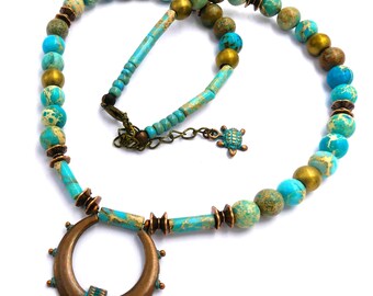 Mid-length necklace, ethnic necklace, imperial jasper, hematite, bronze brass, women's gift