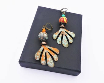 Rustic earrings, patinated brass, cold enamel, ceramic, brass, handcrafted, women's gift