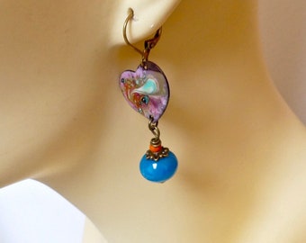 Poetic, romantic earrings, enameled copper heart, jade and glass charm, handmade, artisanal creation