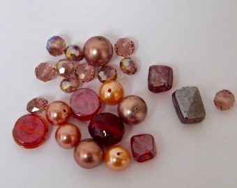 Perles verre grenat, saumon, rosé, mélange de 24 perles, unique