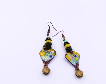 Boucles d'oreilles cuivre émaillé, tissu, laiton bronze, verre, os,, fait main, création unique, cadeau femme, bijou femme