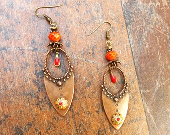 Rustic coppery brass earrings, glass and rhinestones, enamel charm