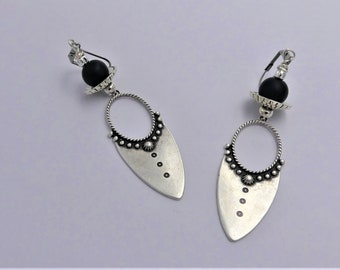 Silver brass earrings, black matte onyx beads, stainless steel, women's gift