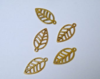 Pendentifs feuilles, laiton doré, 20 X 10 mm, par lot de 5