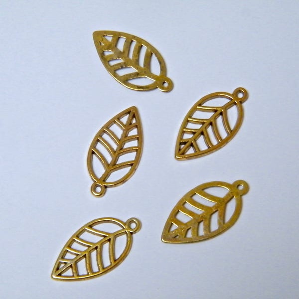 Pendentifs feuilles, laiton doré, 20 X 10 mm, par lot de 5