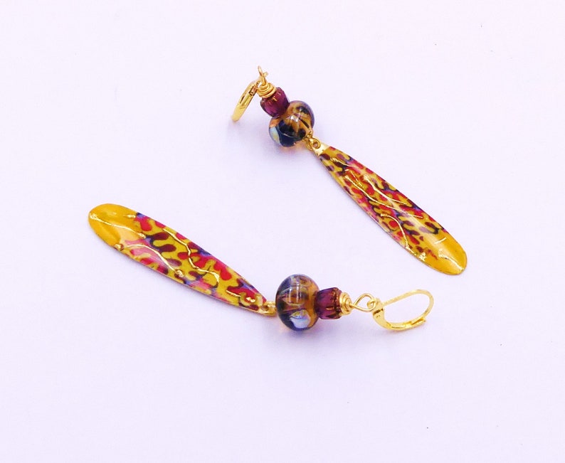 gilded brass handmade Hand-painted earrings spun glass orange gold metal handcrafted yellow gold