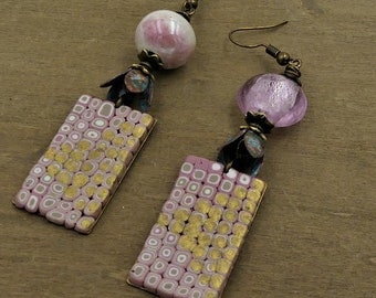 Boucles d'oreilles bohème chic, argile polymère, verre, céramique, laiton patiné, fait main, cadeau femme