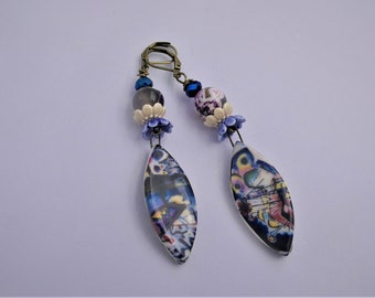 Floral pattern ceramic earrings, ceramic caps, iridescent glass beads, fire agate, women's gift