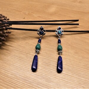 Dangling earrings, silver-plated brass, glass, resin