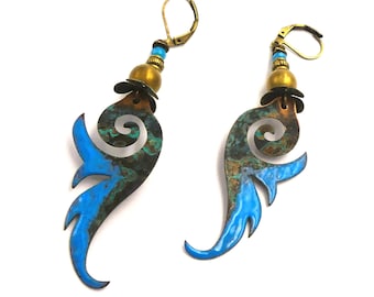 Rustic earrings, boho earrings in enameled oxidized patinated copper, hematite, glass, brass, women's gift