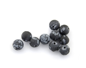 5 Perles rondes snow flakes, mat, gris, blanc, 8 mm, par lots de 5 pièces