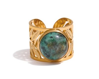 Bague réglable, bague acier inoxydable et turquoise africaine, cadeau femme