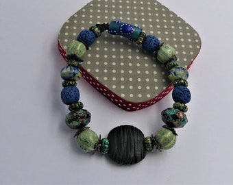 Rustic bracelet, ceramic, glass, lava stone, African turquoise, krobo beads, patinated metal washers, gift woman