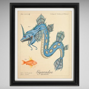 Gyarados - Vintage Style Pokemon Wissenschaftliche Illustration (20x25cm oder 40x50cm)