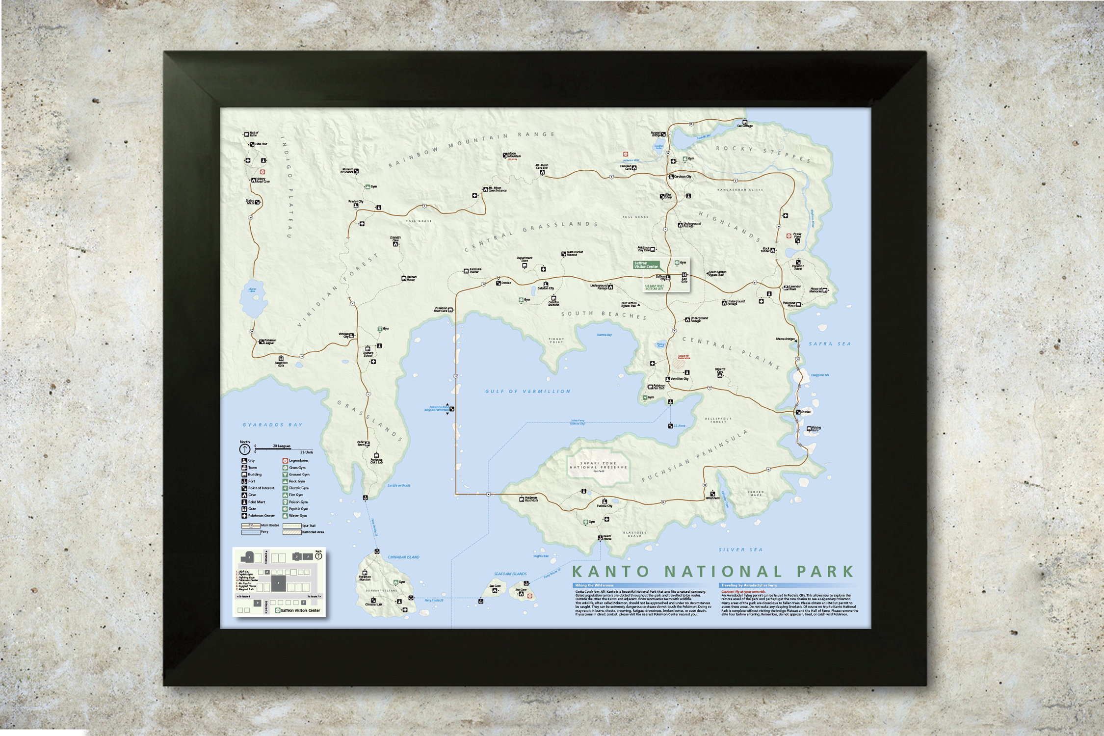 Pokemon Kanto Region - National Park Style Map - 16x20 Print