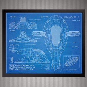 Star Wars Slave One Attack Fighter  - Blueprint Style Print - 8x10