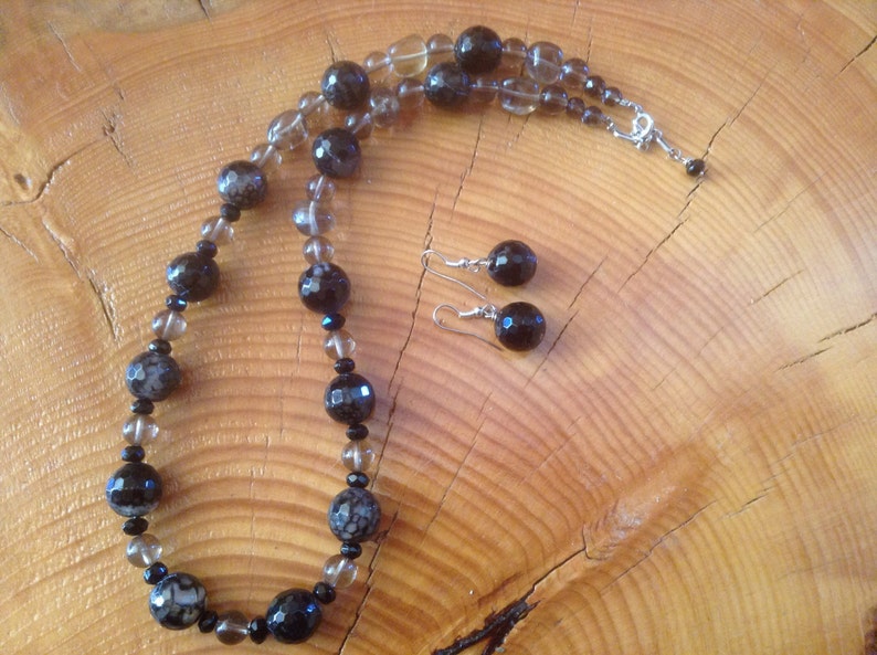 19-20 inch Necklace of Black Fire Agates Mixed With Smokey Topaz Beads of Varied Sizes Sterling Trigger Clasp Extender Chain