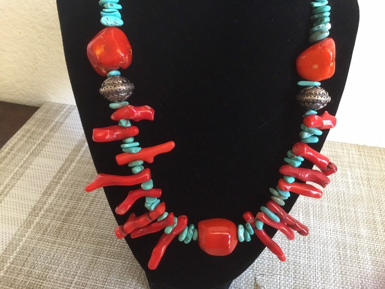 Old Pawn,and Santa Fe Look of Turquoise and Coral! Statement Necklace with Native American