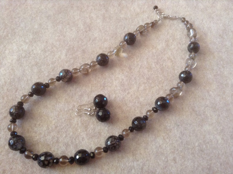 19-20 inch Necklace of Black Fire Agates Mixed With Smokey Topaz Beads of Varied Sizes Sterling Trigger Clasp Extender Chain