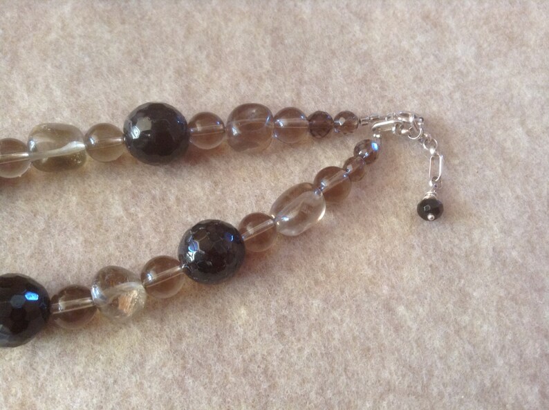 19-20 inch Necklace of Black Fire Agates Mixed With Smokey Topaz Beads of Varied Sizes Sterling Trigger Clasp Extender Chain