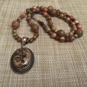22 Inch Beaded Jasper Necklace with Sterling and Leopard Skin Jasper Pendant - Beautiful Browns!!