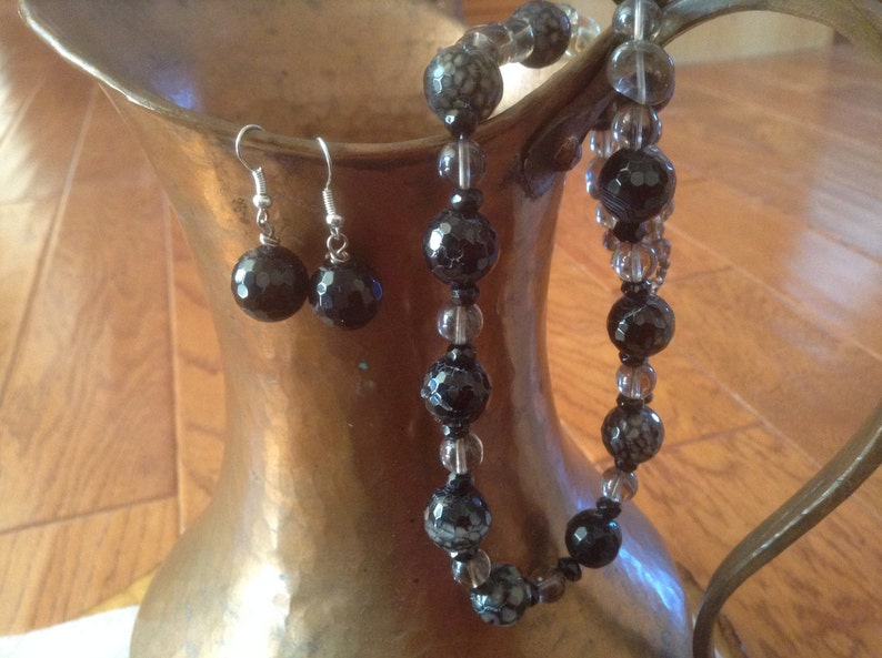 19-20 inch Necklace of Black Fire Agates Mixed With Smokey Topaz Beads of Varied Sizes Sterling Trigger Clasp Extender Chain