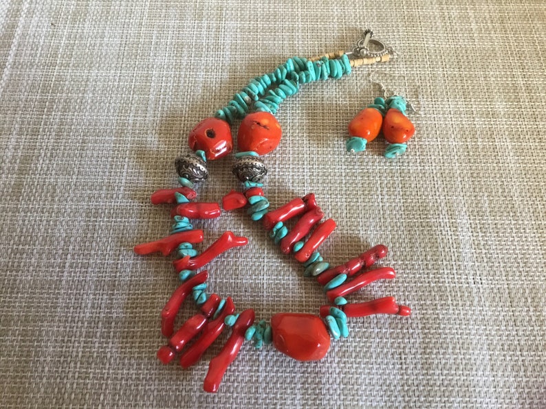 Old Pawn,and Santa Fe Look of Turquoise and Coral! Statement Necklace with Native American